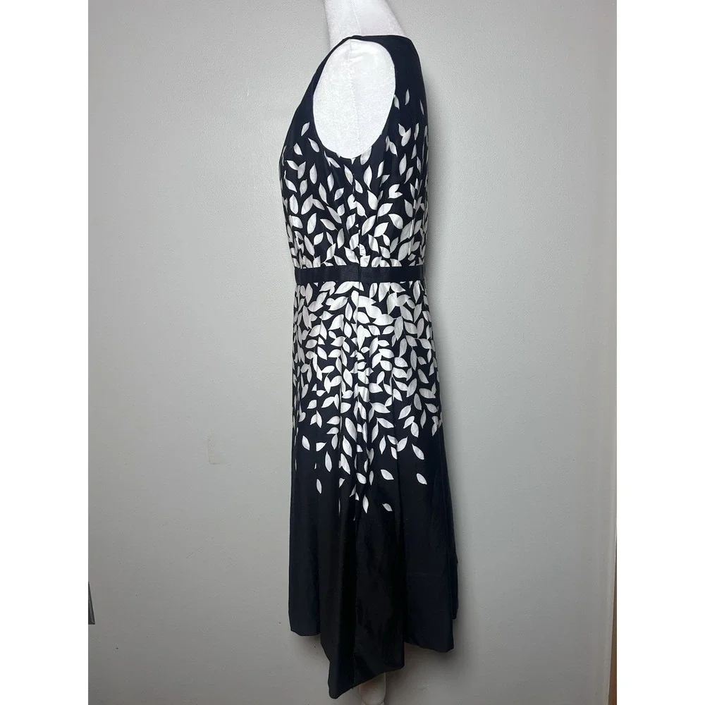 Talbots Dress 6 Black White Leaf Print Fit Flare Cotton Lined Sleeveless Zip - Picture 4 of 11